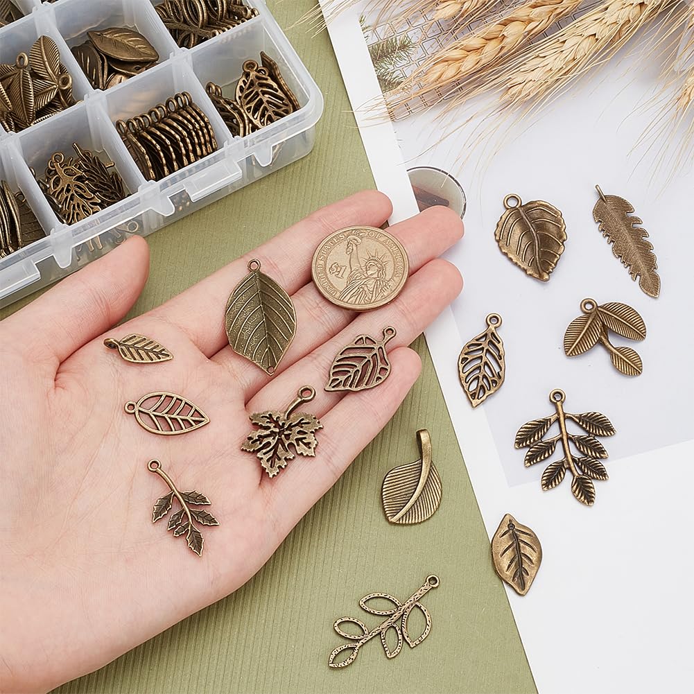 PH PandaHall 150pcs 15 Styles Tree Leaf Charms Pendants, Tibetan Branch Leaves Charms Metal Alloy Leaf Beads Antique Bronze Dangle Charm for Spring Earring Bracelet Necklace Kaychain Jewelry Making