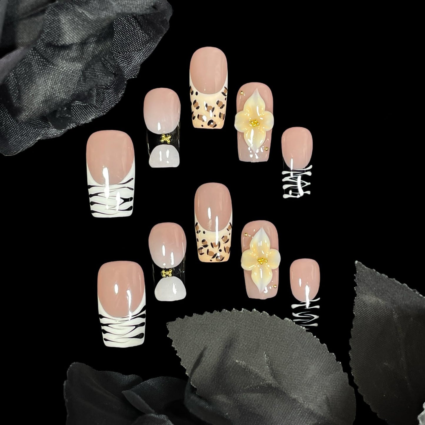 Handmade Press On Nails 3D Floral & Animal Print Medium/Short Square Leopard/Zebra/Yellow Floral Thick Reusable Acrylic False Nails (Prairie, S)