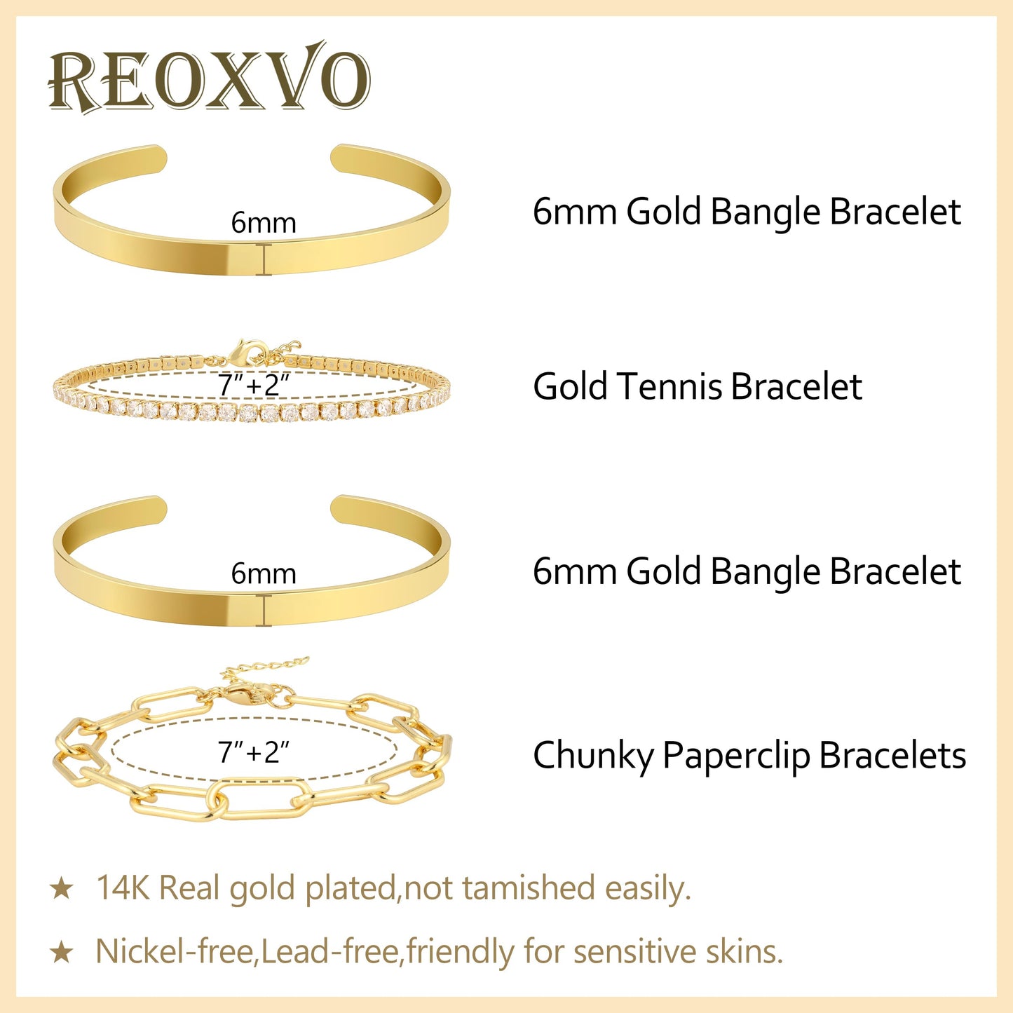 Reoxvo Gold Tennis Bracelets Stack for Women Double Dual Gold Bangle Cuff Bracelets for Women