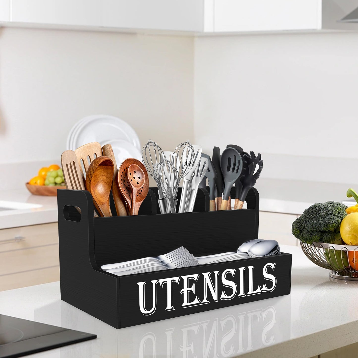 Suli Kitchen Utensils Holder, Wooden Utensil Organizer for Kitchen Countertop, Farmhouse Utensil Storage, Rustic Cooking Utensils ,4 Compartments,- Black