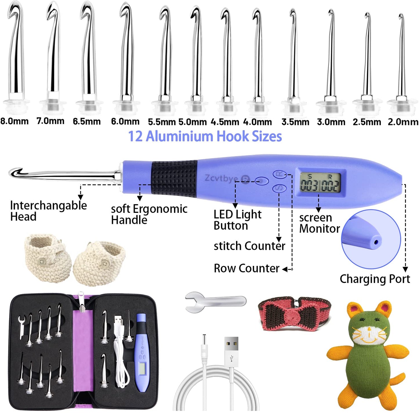 Counting Crochet Hook Set with Case – 12 Sizes Interchangeable Metal Heads (2.0–8.0mm), Rechargeable Light Up Crochet Hook with Digital Counter, Ergonomic Crochet Hooks Kit for Beginners & Experts
