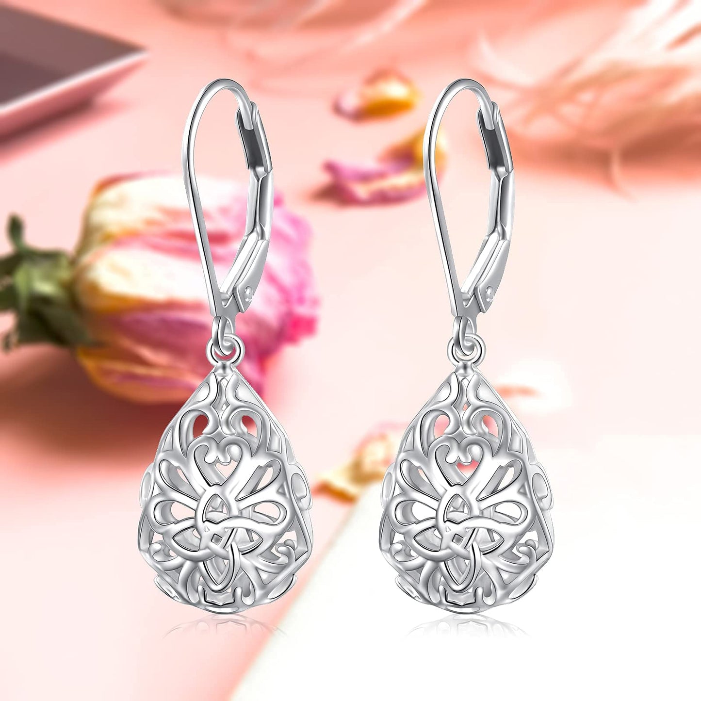 SHAOAN 925 Sterling Silver Filigree Dangle Drop Earrings Celtic Knot Leverback Teardrop Earrings for Women Jewelry for Mother’s Day