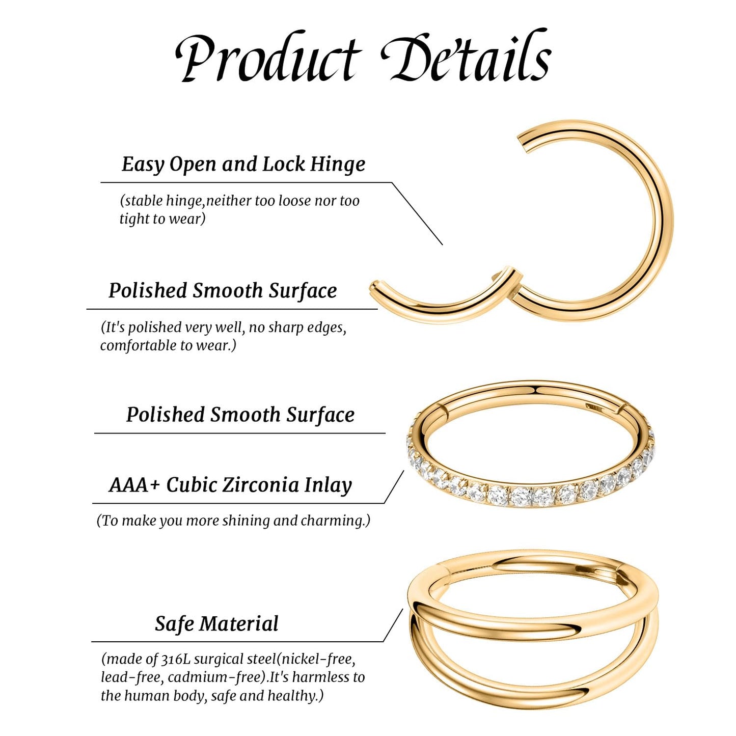 Conch Piercing Jewelry 16g Nose Hoop Double Hoop Septum Ring With CZ Clicker Surgical Steel Lip Rings Helix Earring Gold Cartilage 12mm