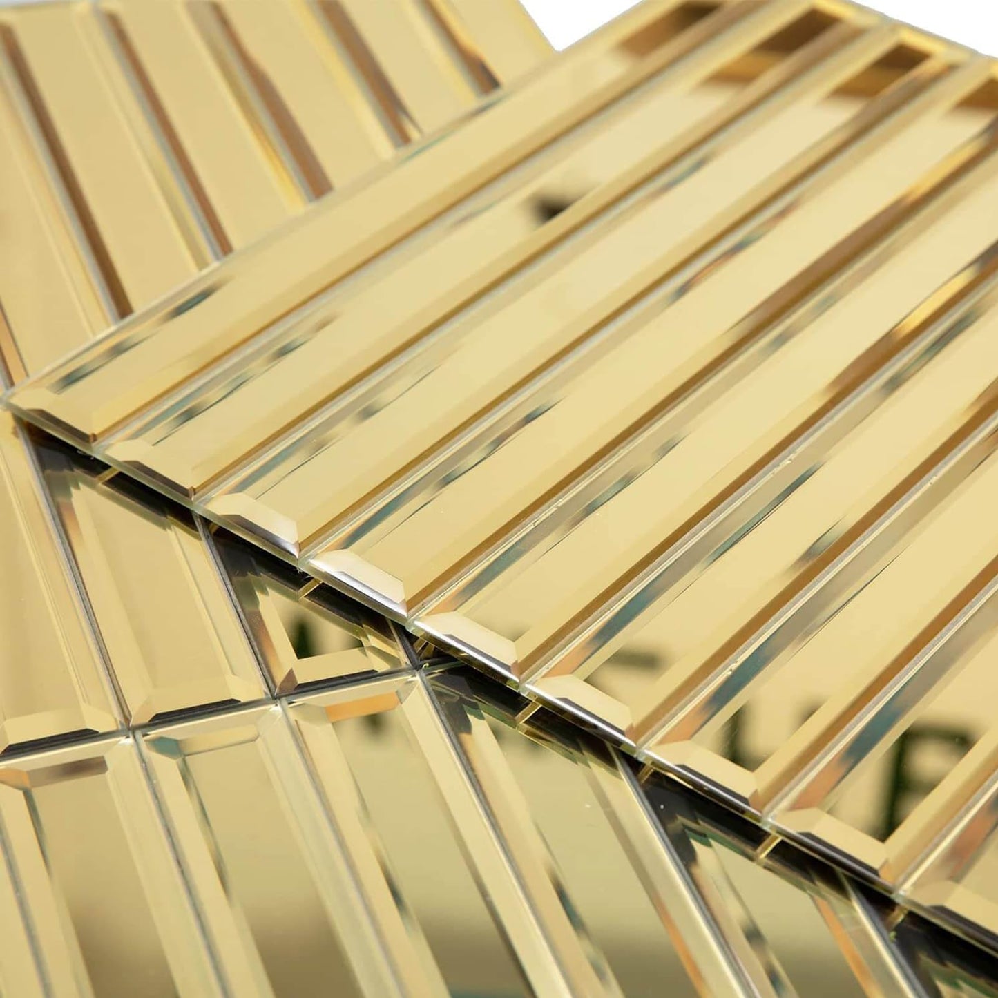 Diflart Beveled Mirror Backsplash Tiles for Kitchen, Gold Strip, 12x12 Inch, Mirror TIile for Bathroom Accent Wall, Pack of 5 Sq.ft
