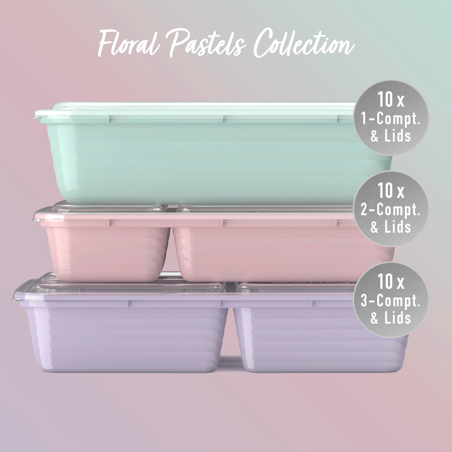 Bentgo Prep 60-Piece Meal Prep Kit - Reusable PFAS & BPA-Free Food Containers, 1-Compartment, 2-Compartment, & 3-Compartments - Microwave, Freezer, & Dishwasher Safe (Floral Pastels)