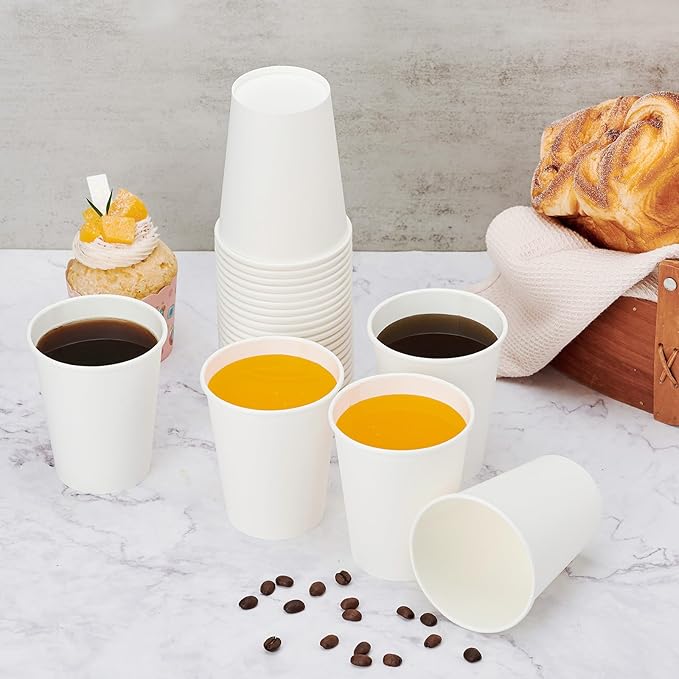 100 Pack Paper Cups, 8 oz Disposable Coffee Cup, White Paper Cups, Hot Beverage Drinking Cup for Parties, Travel, and Events