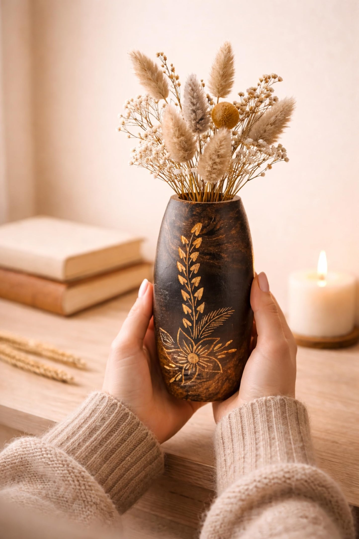 AeraVida Hand-Carved Mango Tree Wood Flower Vase Dark Brown Oval Tabletop Decorative Vase 6 Inch Small Rustic Home Decor for Living Room Dried Floral Display