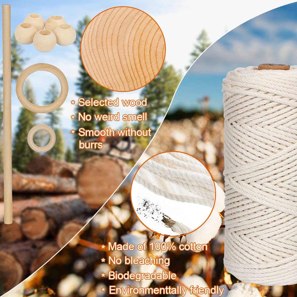 UHAPEER Macrame Kits for Adults Beginners with 656 Feet 3 mm Macrame Cotton Cord, DIY Macrame Plant Hanger Kit with Macrame Supplies and Instructions, Macrame Meads, Wooden Rings, Dream Catcher Rings