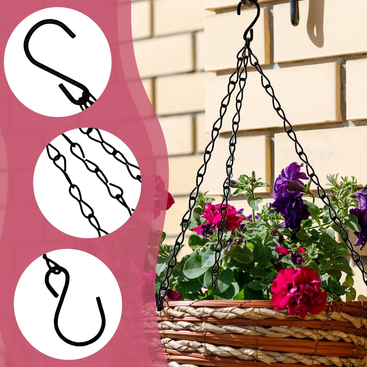suiwotin 6pcs 16 Inch Hanging Basket Chains 3 Point, Black Chain with Hooks for Hanging Plants, Flower Pot