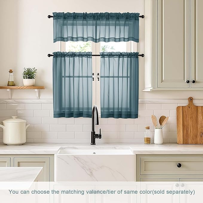 Dusty Blue Sheer Curtains Tier 30 Inches Length 2 Panels, Light Filtering Lightweight Soft Window Treatments Drapes, Cute Elegant Cafe Curtains for Nursery, Dual Rod Pocket, 2x42Wx30L Inches