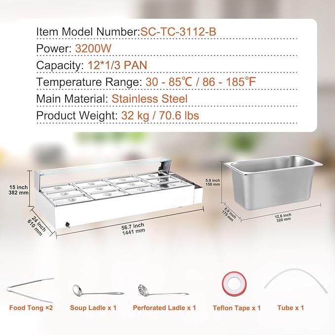 VEVOR 12-Pan Commercial Food Warmer, 12 x 8QT Electric Steam Table with Glass Cover, 3200W Countertop Stainless Steel Buffet Bain Marie w/Thermometer 86-185°F Temp Control for Catering, Restaurants