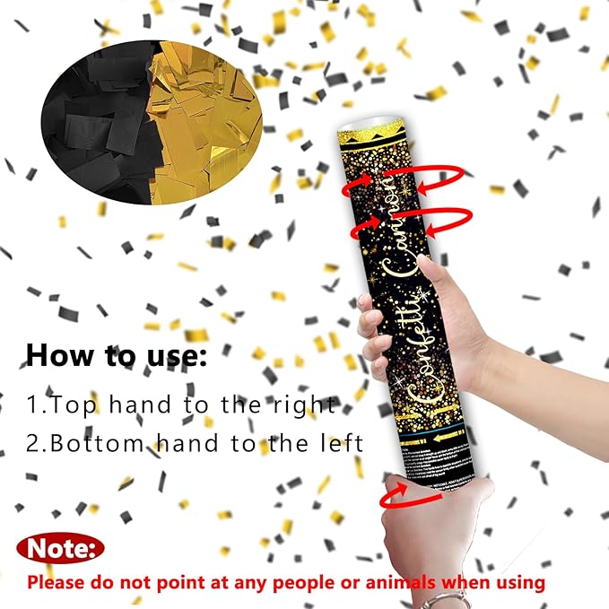 12" Black Gold Confetti Cannons Party Poppers for Birthday Graduation Wedding Retirement New Year Celebrations - Easy to Use, Paper and Foil Confetti - Pack of 6