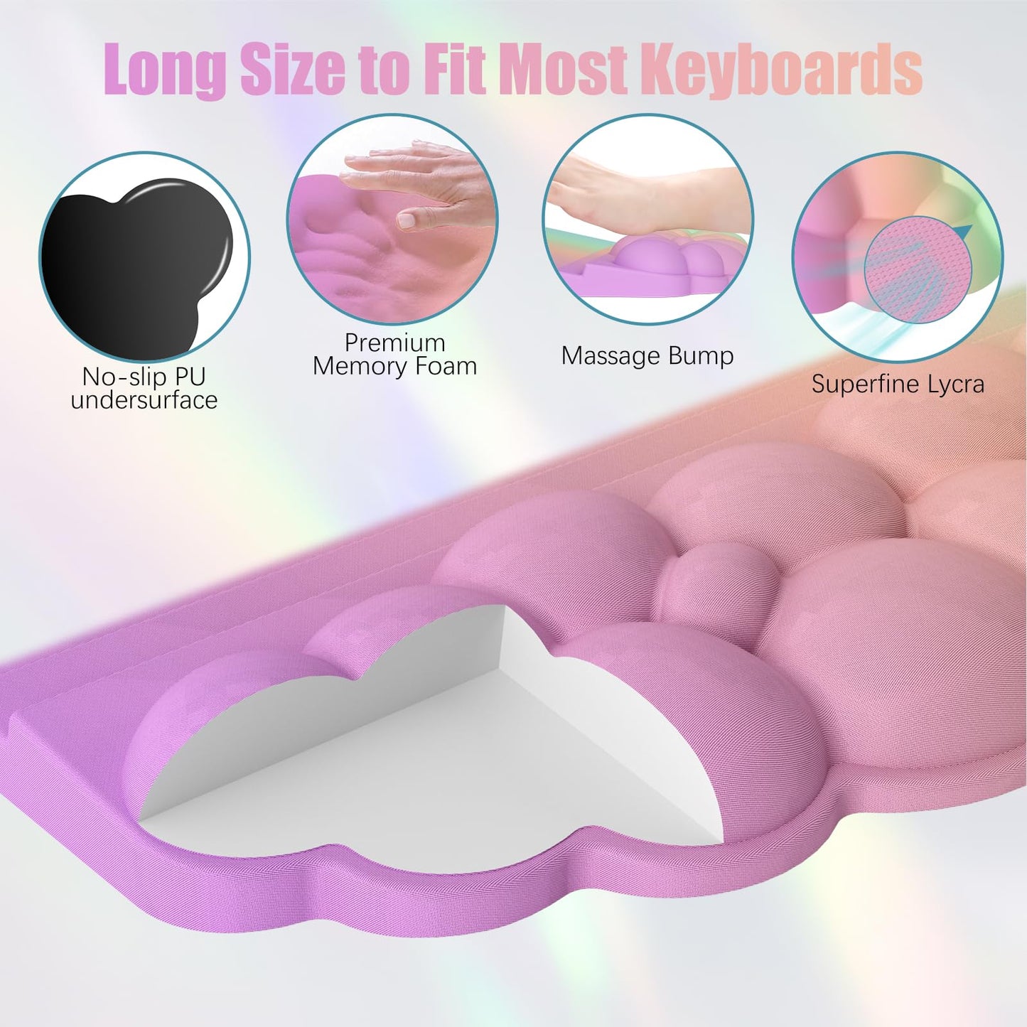 Ergonomic Wrist Rest for Keyboard, Soft Memory Foam Cloud Keyboard Stand Pad with Wrist Rest Set with Non-Slip Silicone Base, Easy Typing, Pain Relief, Comfort for Computer Laptop Mac - Rainbow