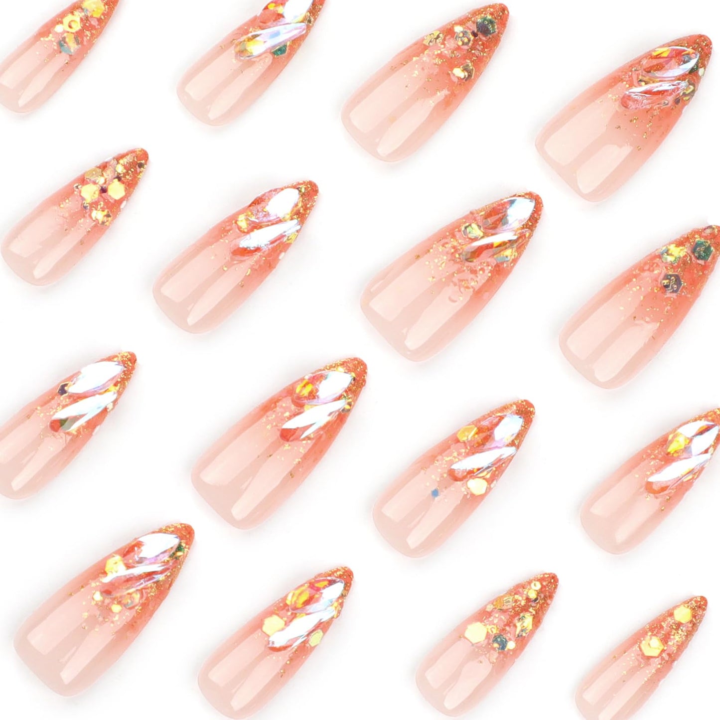 MISUD Press on Nails - Long Stiletto Glue on Nails with Orange Ombre, Acrylic Bling Glitter Rhinestone Design 24 pcs