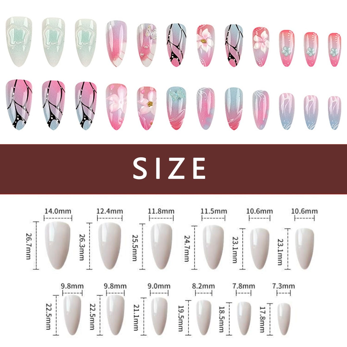 24 Pieces Pink Press-On Nails Short Almond False Nails with 3D Embossed Flowers Butterfly French Gradient Design False Nails Women's Nail Art Decoration