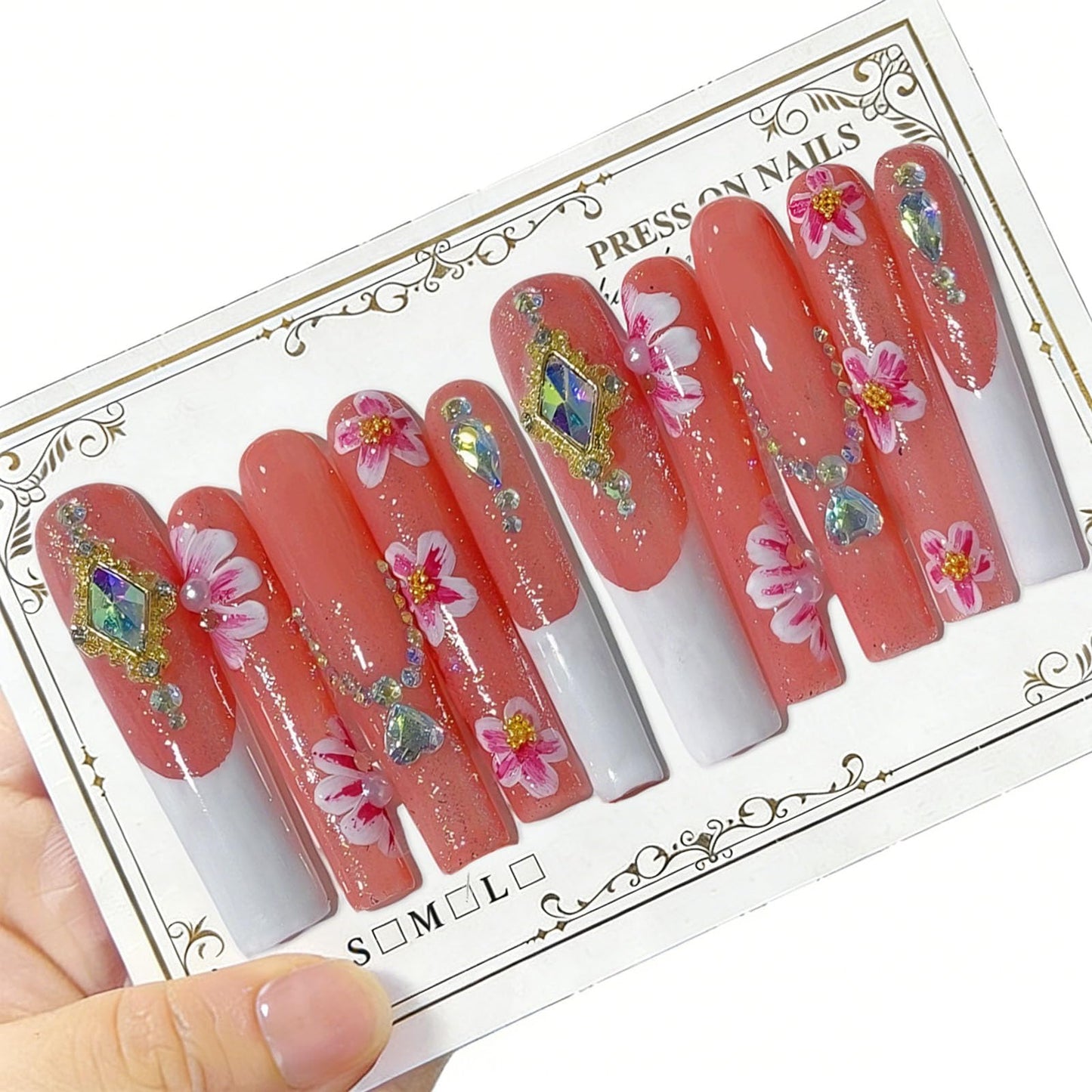 10 Pcs Extra Long Handmade Press on Nails Square Fake Nails with 3D Flowers Rhinestones Charms Design White French Tip False Nails Pink Acrylic Wedding Party Press Ons Nails Long for Women - M Size