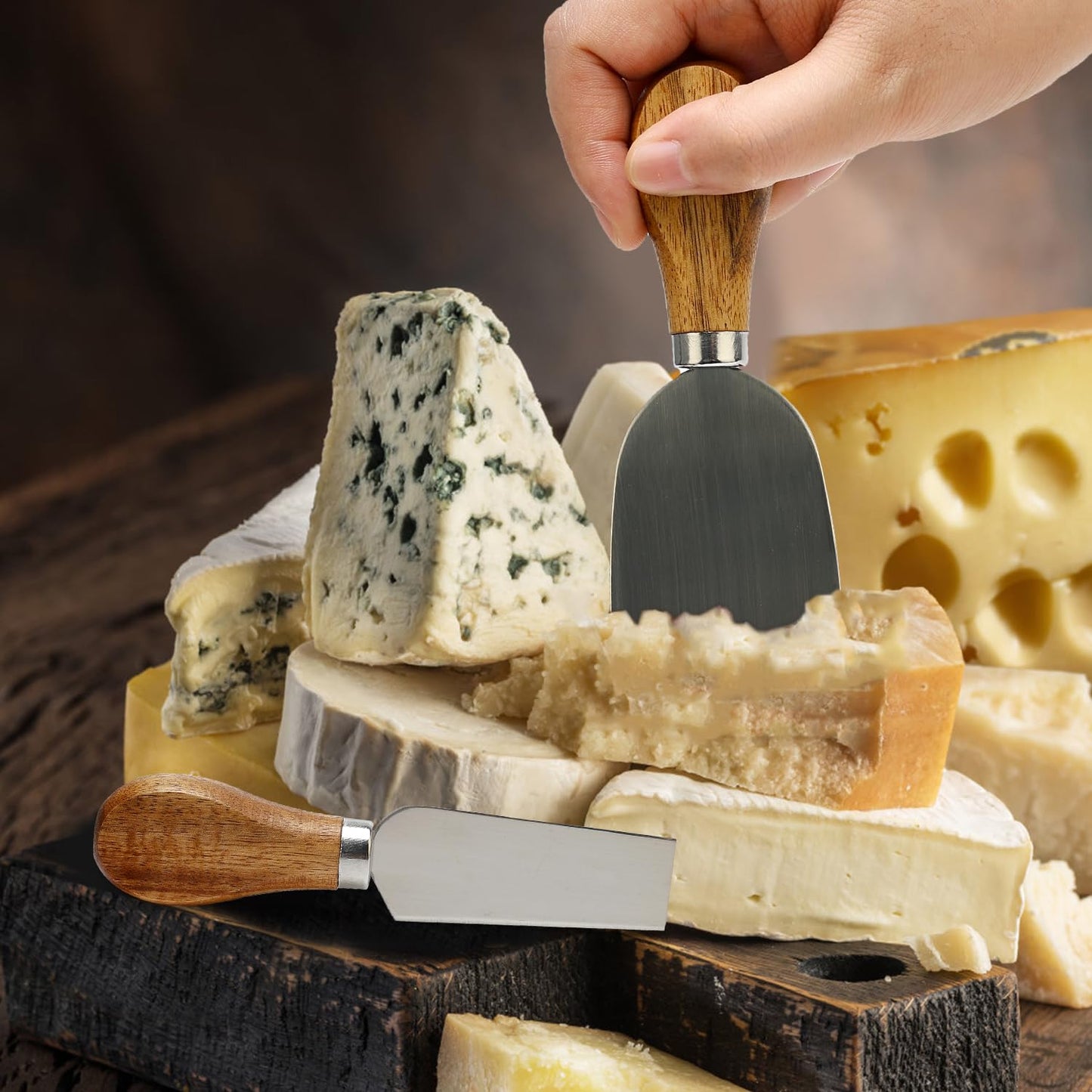 9 Pack Cheese Knives with Holder Acacia Wood Charcuterie Serving Utensils Supplies Cheese Knife Set for Charcuterie Board Accessories Cheese Tools Gift Mini Butter Knife Spreader Slicer Fork