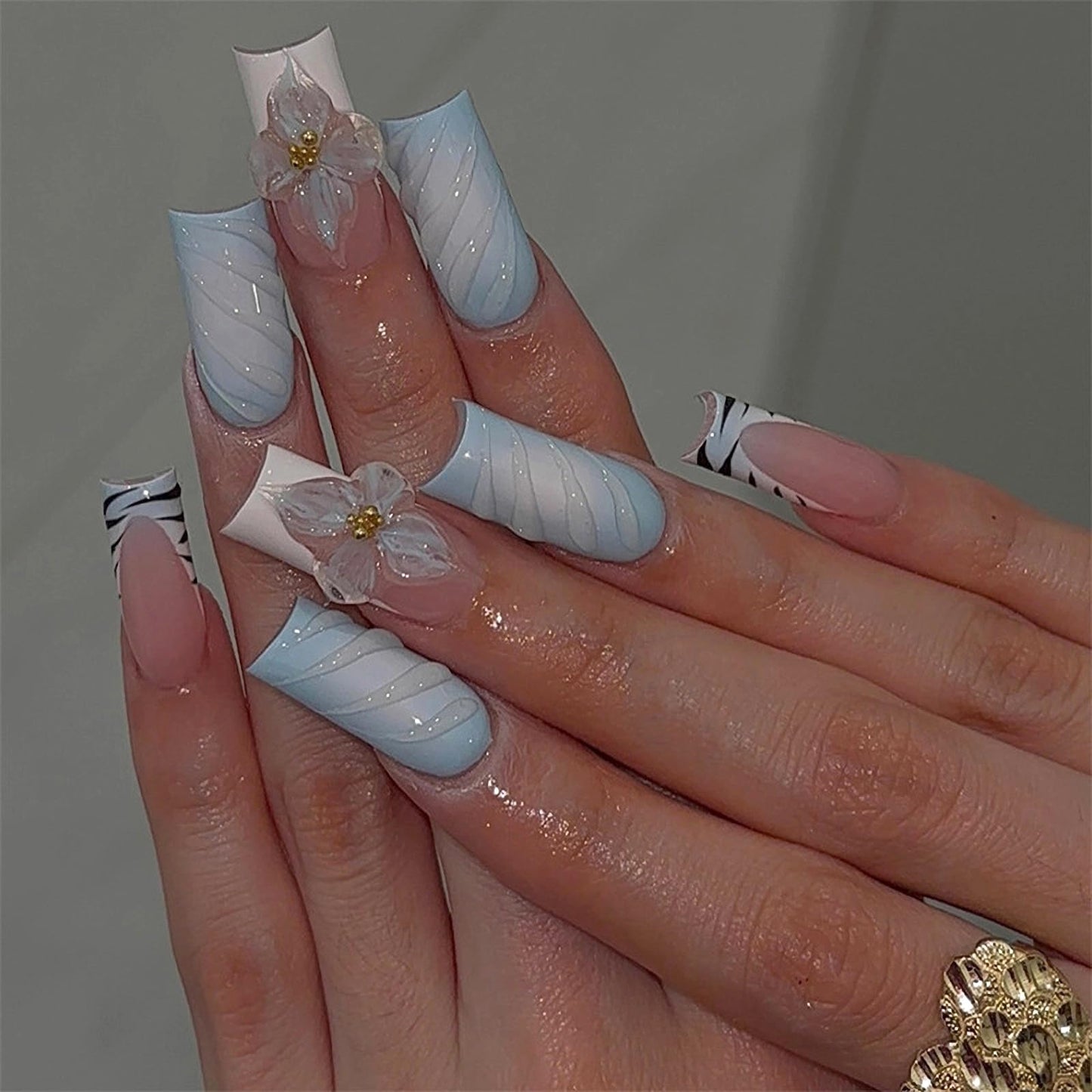 MISUD Press on Nails - Long Square Glue on Nails with Blue Pink, Acrylic Flower Design 24 pcs