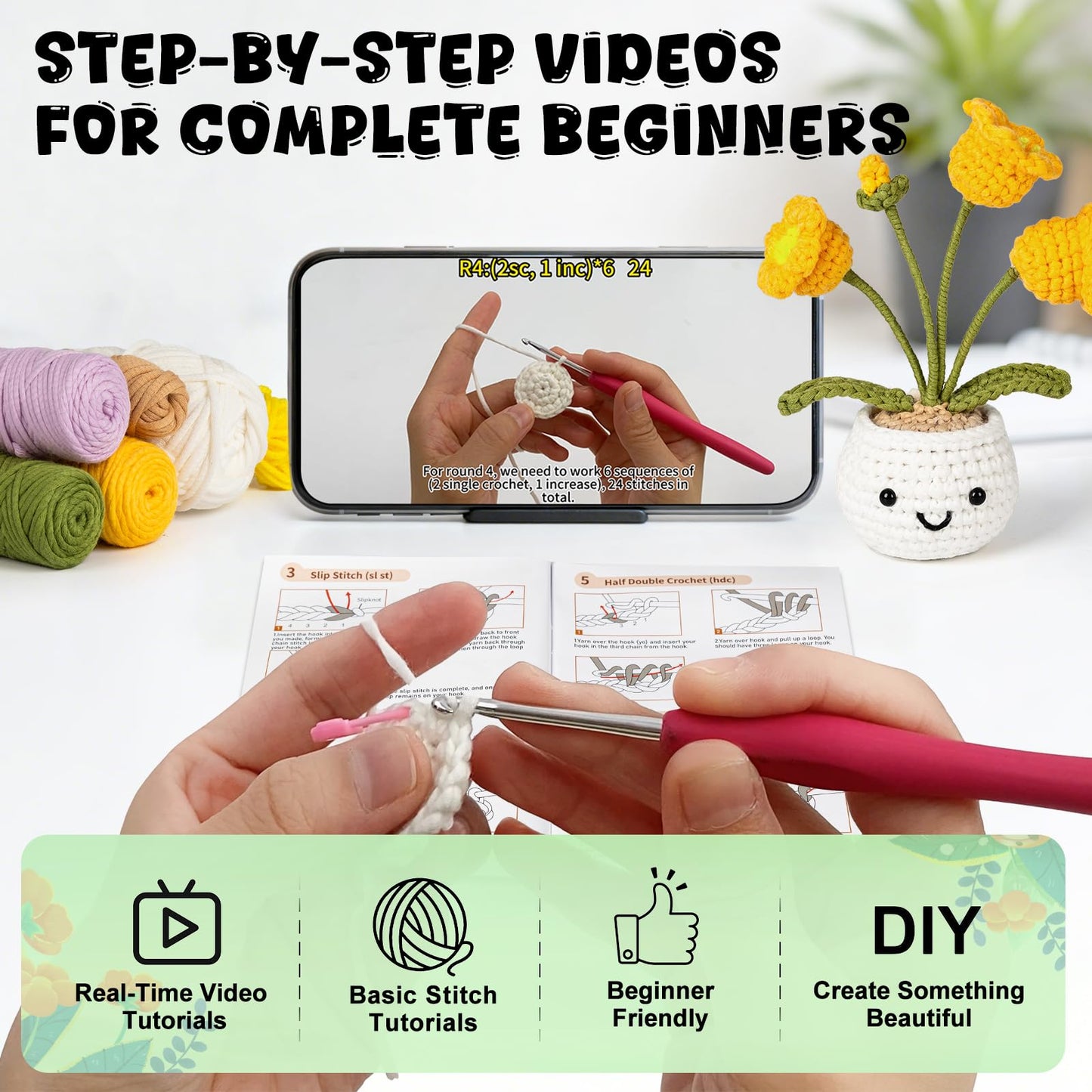 Totiro Crochet Kit for Beginners, Potted Flower Amigurumi Starter Kit, Easy DIY Arts & Craft Set with Step-by-Step Video Tutorials, Crochet Pattern Learning Kit for Teens Adults Birthday Gift