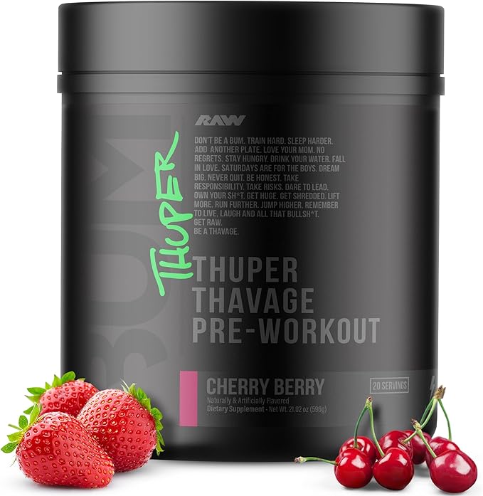 RAW Thuper Thavage Pre Workout Powder - High-Stim Preworkout with Creatine, Beta Alanine, L-Citrulline & Caffeine - Chris Bumstead Gym & Fitness Supplement for Men & Women - Cherry Berry