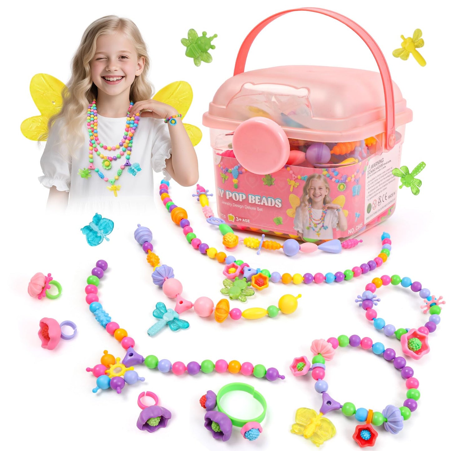 BIRANCO. Deluxe Beading Set with 350+ Pop Beads Include Butterfly, Bee, Dragonfly with Transparent Wings, and Ladybug Jewelry Making Kit for Kids Ages 3-8