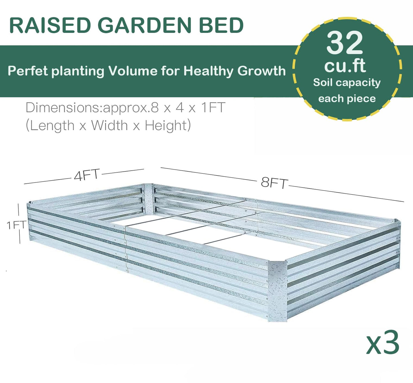 FOYUEE Galvanized Raised Garden Beds 3-Pack (8x4x1ft Each) – Overlapping 4-Inch Panels with Two-Row Screws, Heavy-Duty Metal Planter Box for Vegetables, Herbs, Flowers, Large Garden Kit
