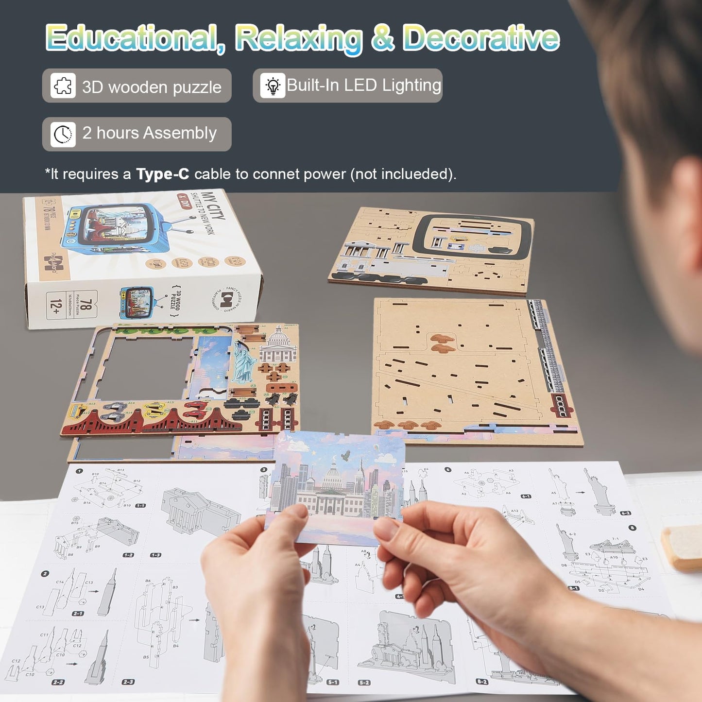 Shuttle to New York 3D Wooden Puzzle with LED Lights, DIY Model Craft Kit for Adults & Kids, Creative Building Set and Unique Home Decor Gift