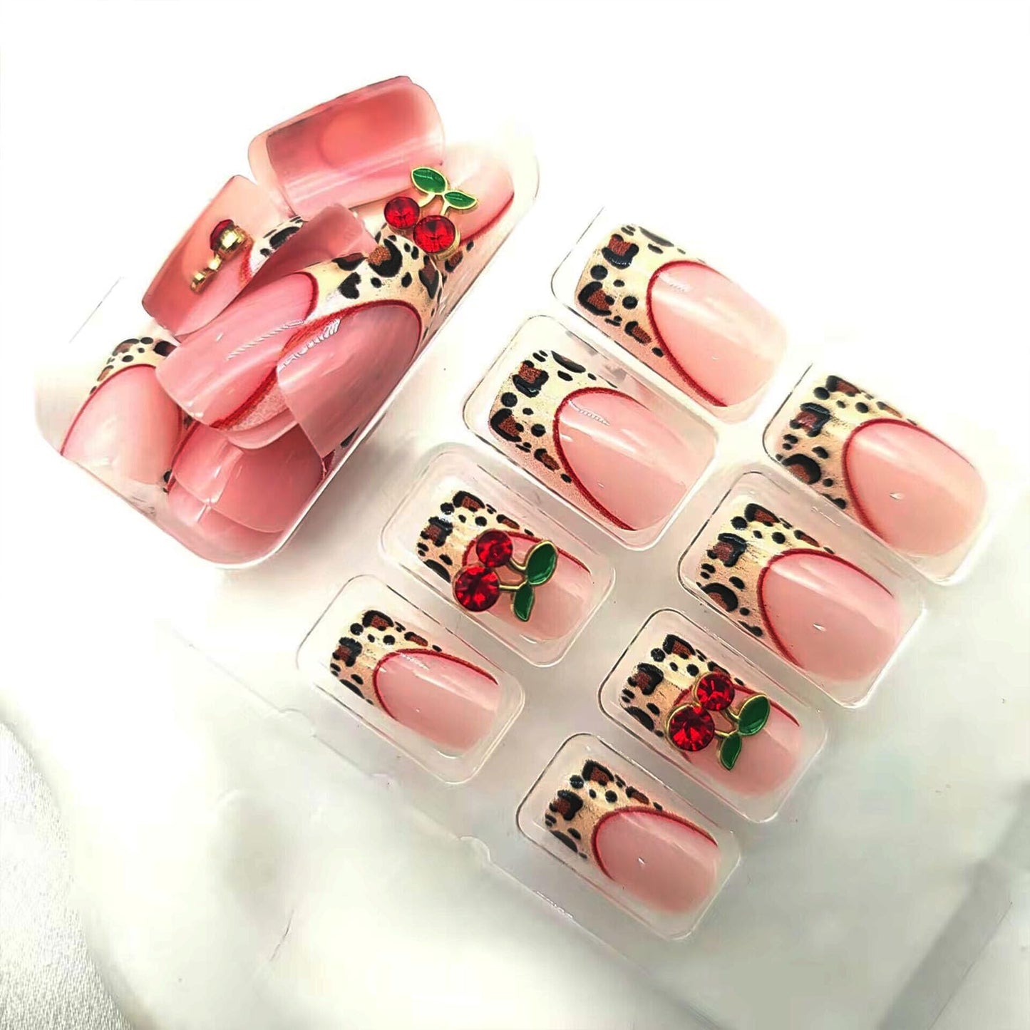 French Tip Press on Nails Square Medium Fake Nails with 3D Cherry Leopard Print Designs Glossy Glue on Nails Nude Full Cover Nails Press ons Fall Acrylic Artificial Stick on Nails for Women 24Pcs
