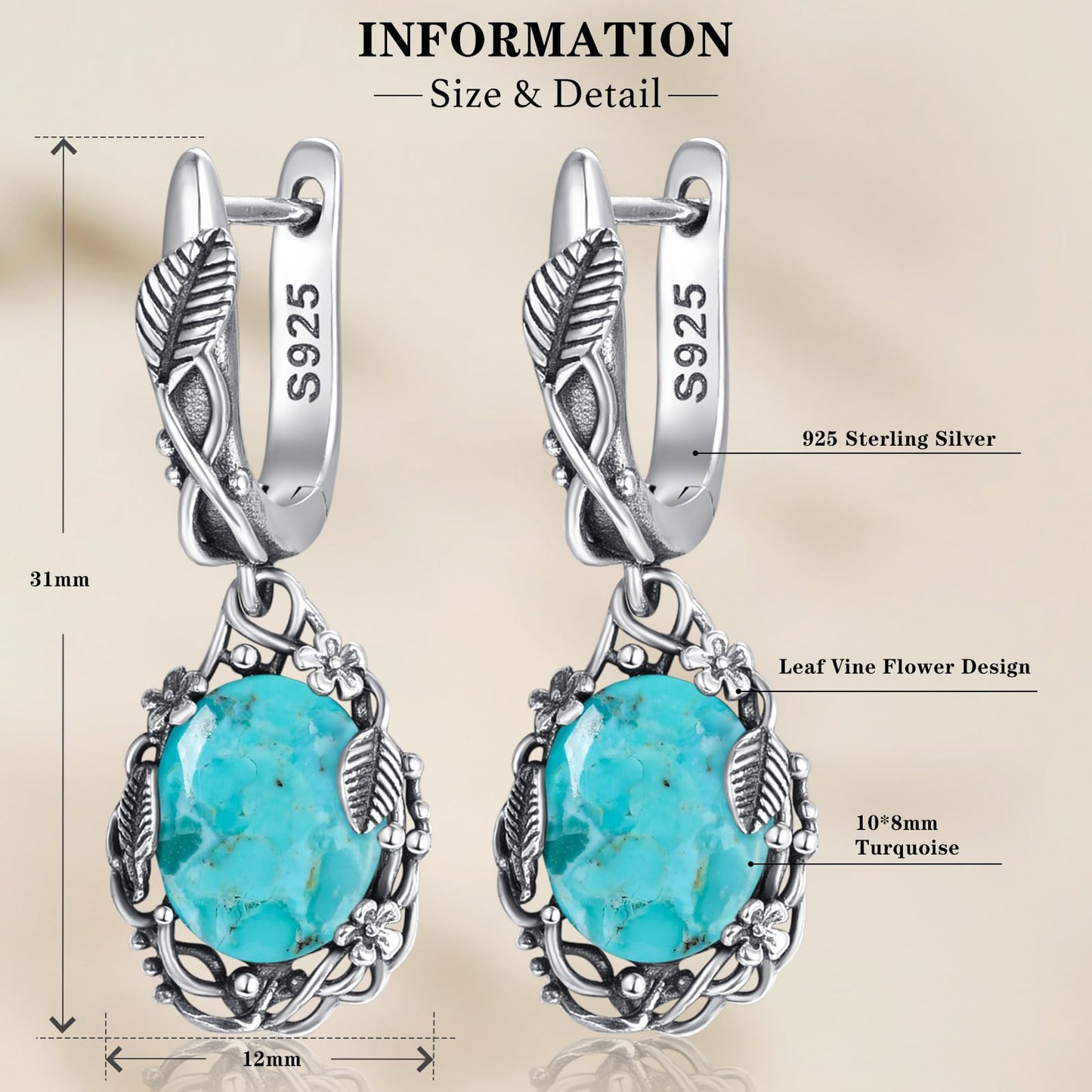 Phyonio Western Blue Oval Turquoise Dangle Earrings for Women Leaf Vine Flower Latch Back 925 Sterling Silver Earring Vintage Oxidised Boho Jewelry Valentines Day Gift for Wife