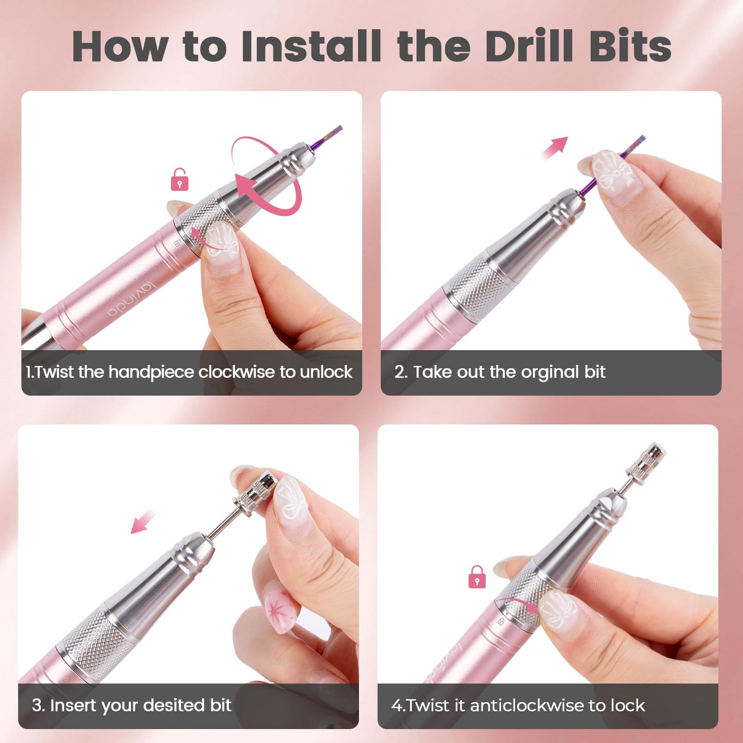Lavinda Professional Rechargeable Nail Drill Machine, Cordless 35,000RPM Skyspace Brushless Nail Drill, Portable Electrical Nail File for Acrylic Nails with Protective Case, Rose Gold