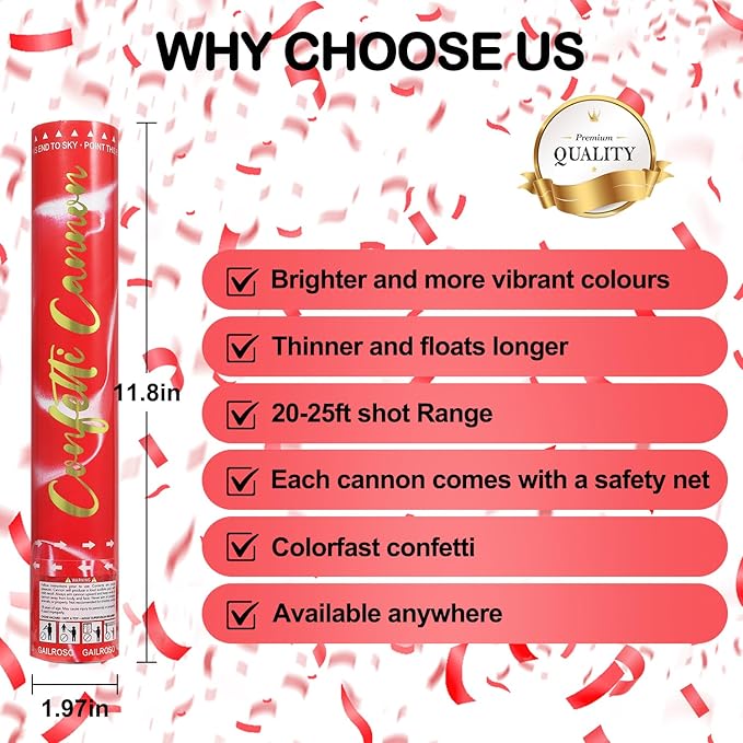 6 Pack Red Confetti Cannon, Party Poppers,12 Inch Confetti Poppers Shooters for Birthdays, Christmas，Graduation Celebration,Weddings, New Year's Eve and Any Celebrations