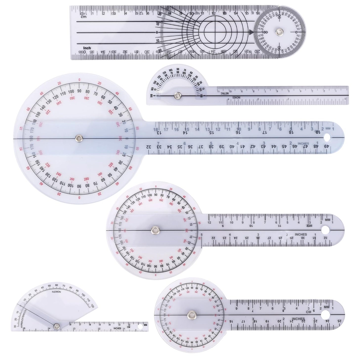 6pcs Goniometer Set, 360 Degree Transparent Finger Protractor 6/8/12 Inch Angle Ruler Measurement Tool for Physical
