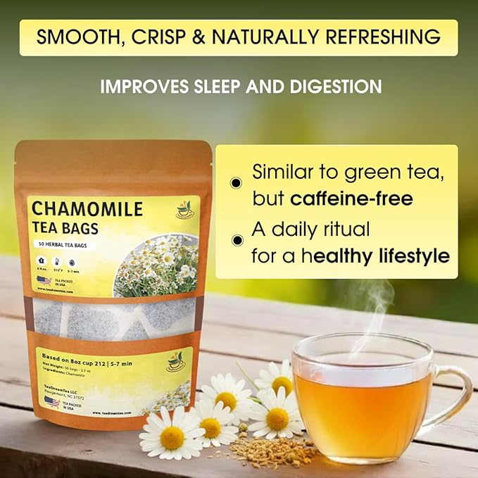 Chamomile Tea Bags - 50 Bags (Premium Natural Pure Leaf Tea - 50 Count) Gluten-Free and Caffeine-Free Herbal tea for Relaxation, Wallness, Immune Support with Smooth Taste