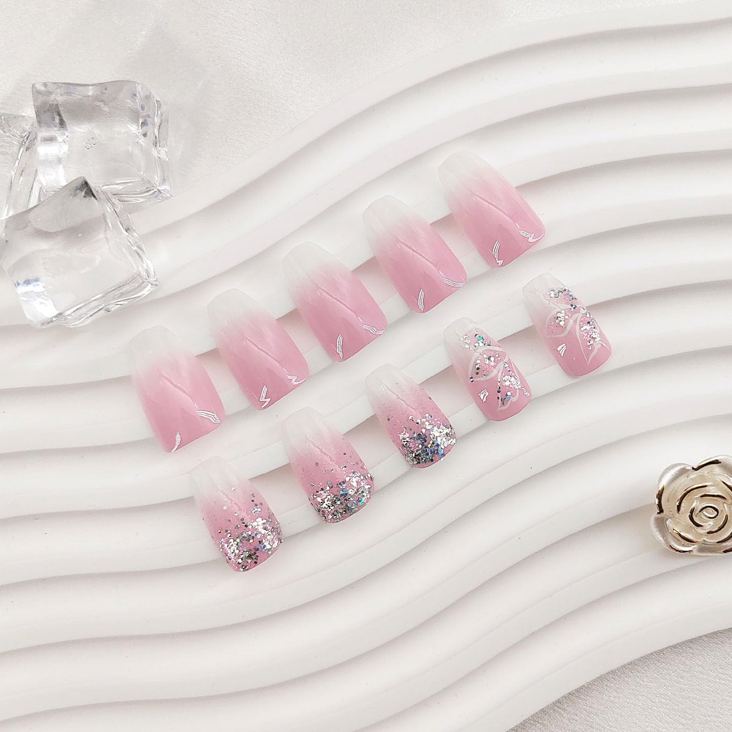 Short Press Coffin False Nails with Silver Glitter Gradient Designs - Light Pink Full Cover Acrylic Nails - Glossy Leaf Design Stick On Nails for Women - 24 Pcs