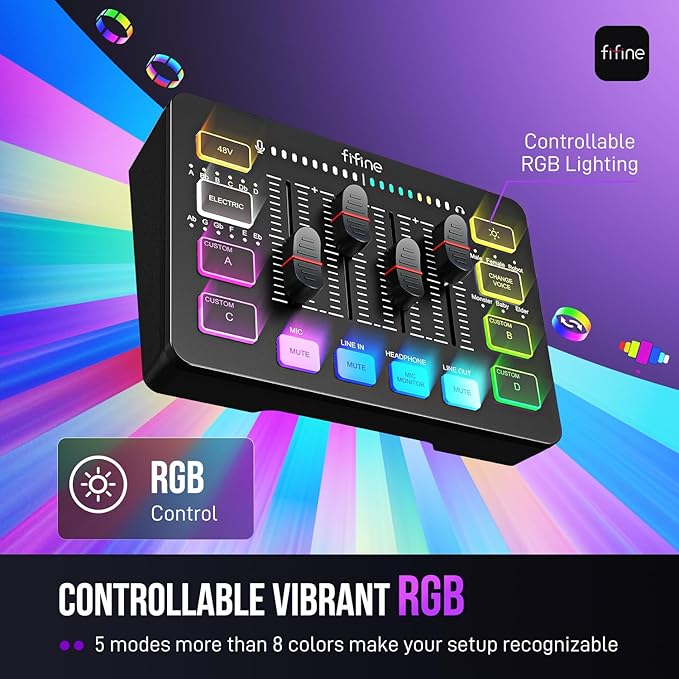 FIFINE Gaming Audio Mixer, Streaming RGB PC Mixer with XLR Microphone Interface, Individual Control, Volume Fader, Mute Button, 48V Phantom Power, for Podcast/Recording/Vocal/Game Voice-AmpliGame SC3