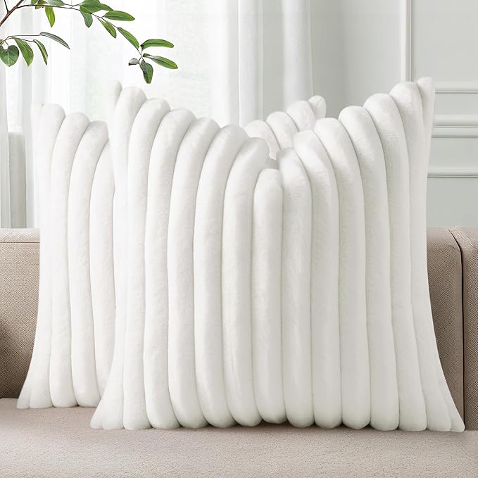 Pallene Faux Fur Plush Throw Pillow Covers 18x18 Set of 2, Luxury Soft Fluffy Striped Decorative Pillow Covers for Sofa, Couch, Living Room, White
