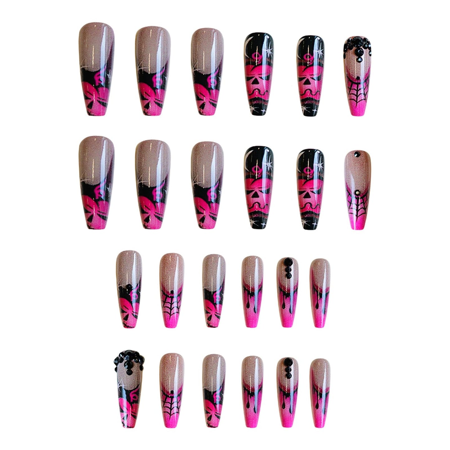 IMSOHOT Halloween Long Coffin Press on Nails, Pink Black with Spider Web & Pumpkin Acrylic Nails, 24PCS