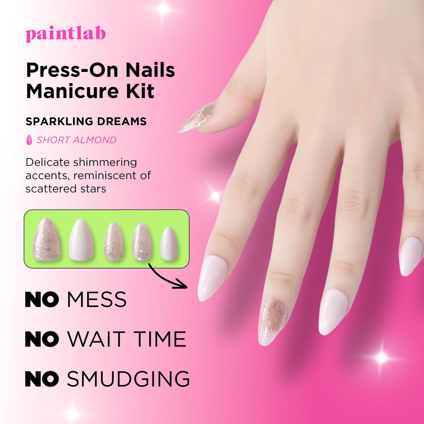 PaintLab Press-On Nails Manicure Kit, Sparkling Dreams, 30-Piece Set, Long-Lasting Fake Nails with Glue, File, Prep Pad & Cuticle Stick