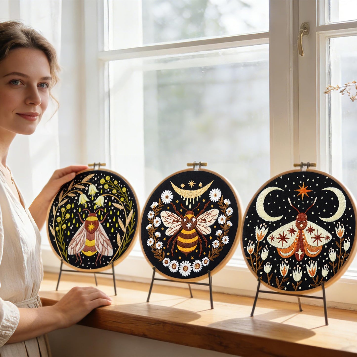 Hand Embroidery Starter Kits for Beginners Adults, Counted Stamped Cross Stitch Kit for Beginners Adults, Embroidery Needlepoint Kit with Moth Flower Pattern, 3 Hoops (Attached Teaching Video QR Code)