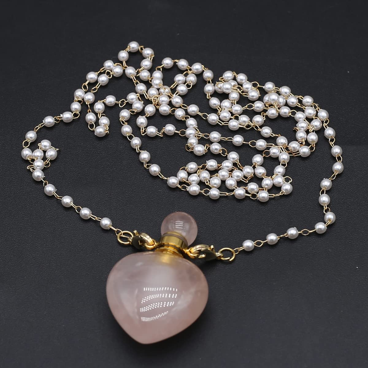 1pcs Natural Rose Quartz Stone Perfume Bottle Pendant Pearl Bead Chain Rectangle Heart Necklace for Women StonHealinge Essential Oil Diffuser Necklace Jewelry Essential Oil Diffuser