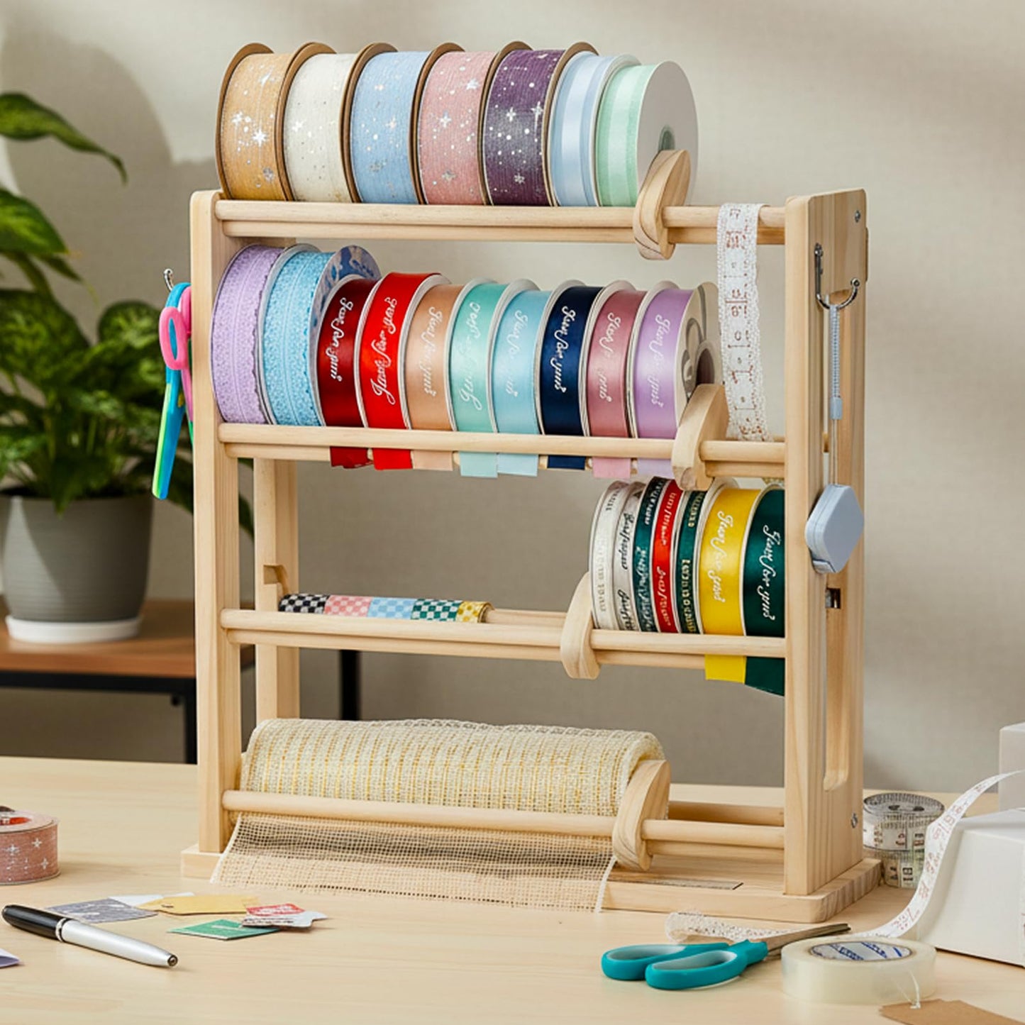 𝐂𝐫𝐚𝐟𝐢𝐭 Ribbon Storage Rack, 4-Tier Ribbon Organizer Spool Holder Dispenser, Display Sewing Thread Mesh Ribbon Wreath Washi Tape for Craft Room Shops Boutiques Florist Gift Wrapping