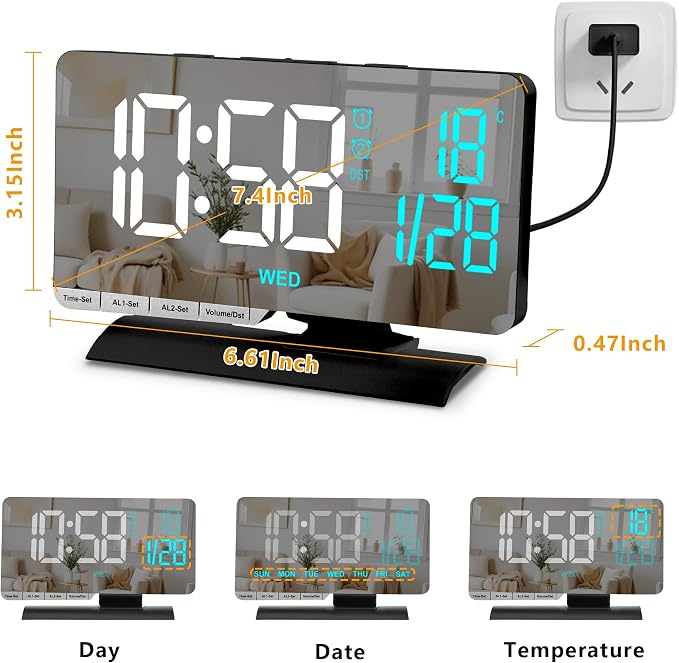 SZELAM Digital Clock,Alarm Clock Bedside,7.3'' Large LED Mirror with Date