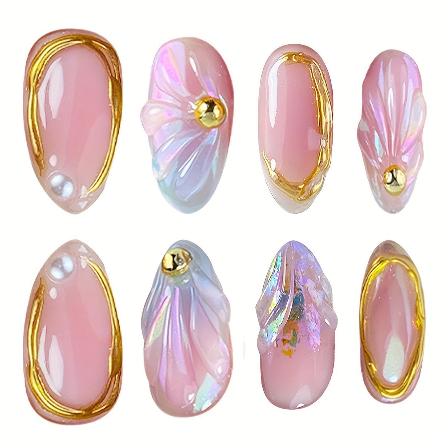 Summer Press on Nails Short Oval Fake Nails with 3D Water Ripple Pearl Designs Gradient Nails Press ons Glossy Glue on Nails Gold Lines Acrylic Nails Handmade Stick on Nails for Women 24Pcs