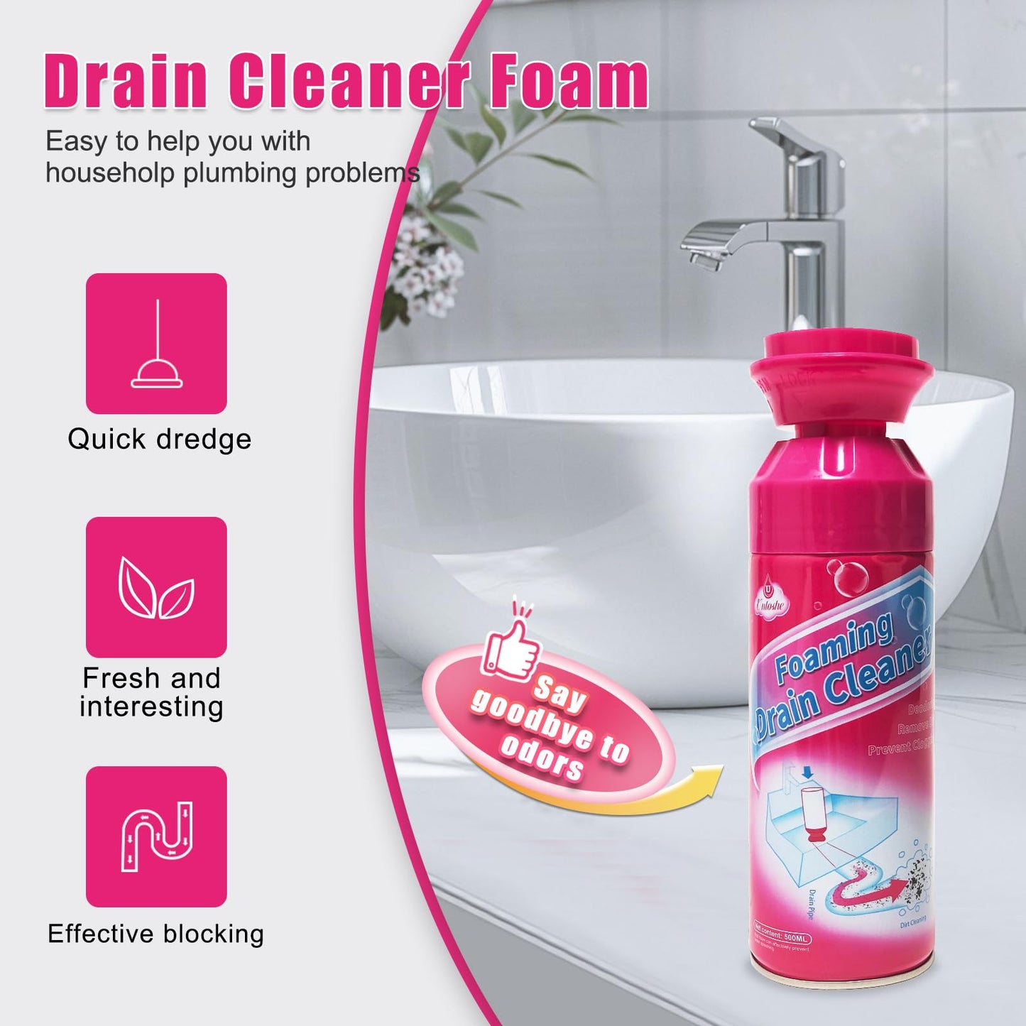 Foaming Drain Cleaner, Sink Drain Cleaner and Deodorizer, Drains Clog Remover for Bathroom Sinks, Washbasin, Tubs (2PCS)