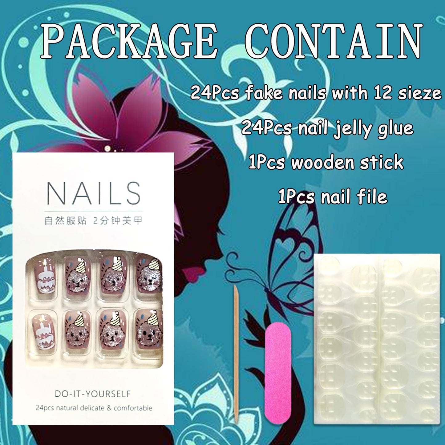 EYZOTSF Press on Nails Square Short Length Acrylic Glossy Full Cover Cute False Nails with Dog Cake Designs Artificial Extra Short Square Shaped Fake Nails Glue ons Fingernails for Women Girls