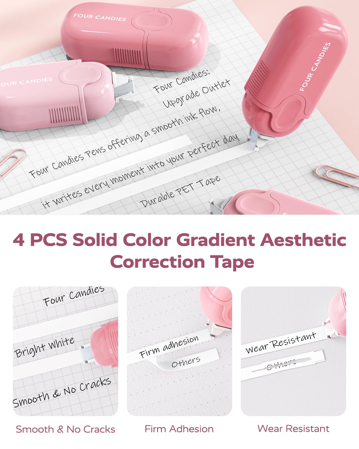 Four Candies Pink School Supplies with Case, Gel Pens with Black Ink, Correction Tapes, Pastel Highlighters, Mechanical Pencils, Sticky Notes, Index Post for Bible Study Stationary College Essentials