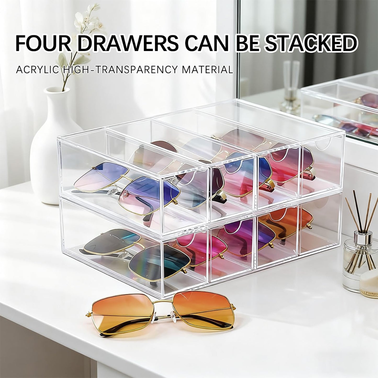 chunhai 2 Pack Sunglasses Organizer, Acrylic Eyeglass Case Clear Eyeglass Holder Eyewear Display Case with 4 Drawers for Women and Men, Jewelry Watch Storage
