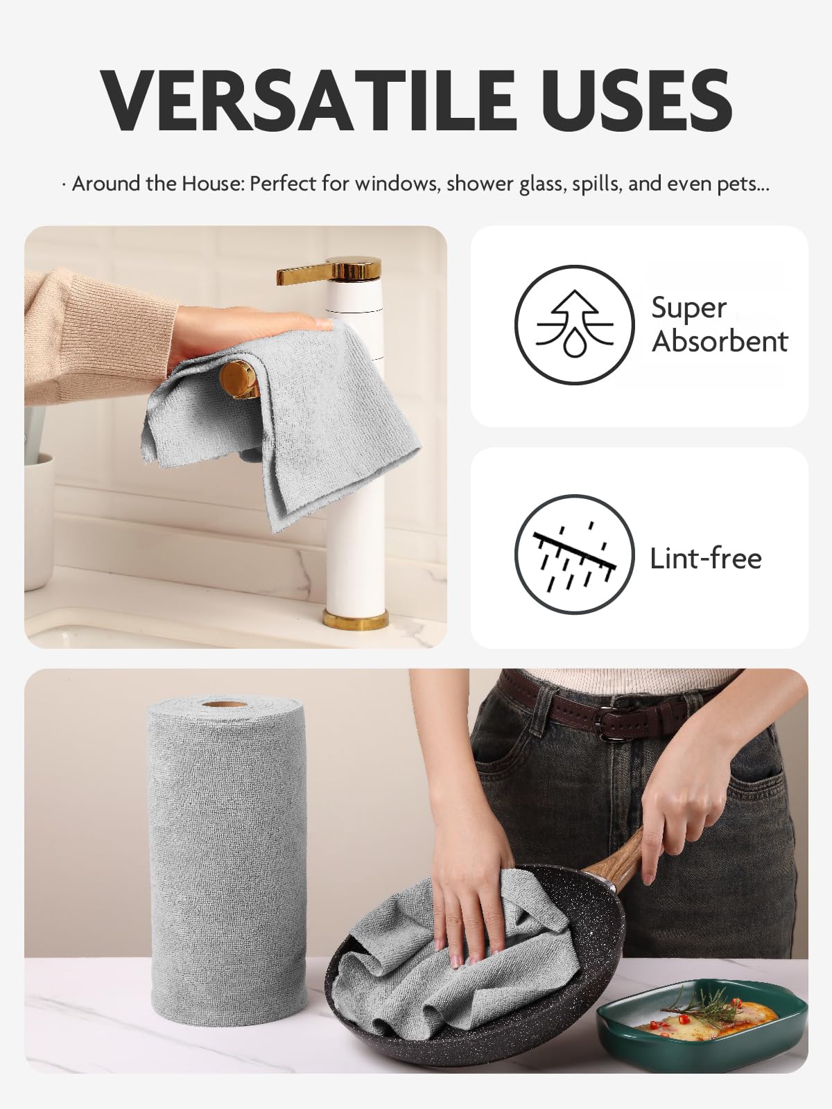Fantasticlean Microfiber Cleaning Cloth Roll -60 Pack, Tear Away Microfiber Towels, 12" x 12", Reusable, Washable, Lint Free, Ultra Absorbent Dishcloth for All-Around Cleaning (Pink & Grey)