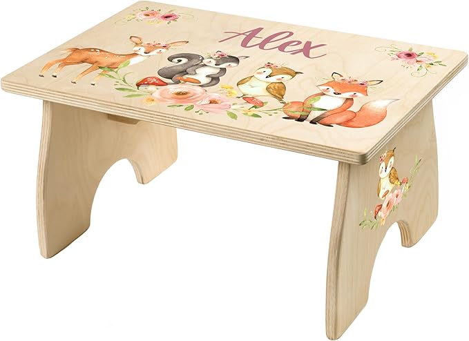 Step Stool for Toddlers- Personalized Wood Kids Step Stool with Name for Kitchen Sink, Bathroom, Potty Training, Toilet, Kitchen Sink- Sturdy and Safe- Made in USA by BloomOwl (Woodland- Girl 2)