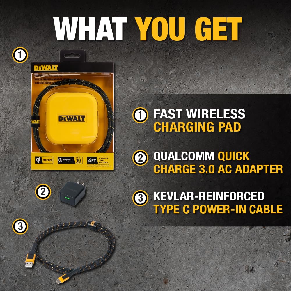 DEWALT Heavy Duty Wireless Charger, 10W Max Fast Wireless Charging Pad Compatible with iPhone 17/16/15/14/13/12/11/X/8 Pro Max Plus Samsung Galaxy S22/S21 AirPods (Type C Cable/AC Adapter Included)